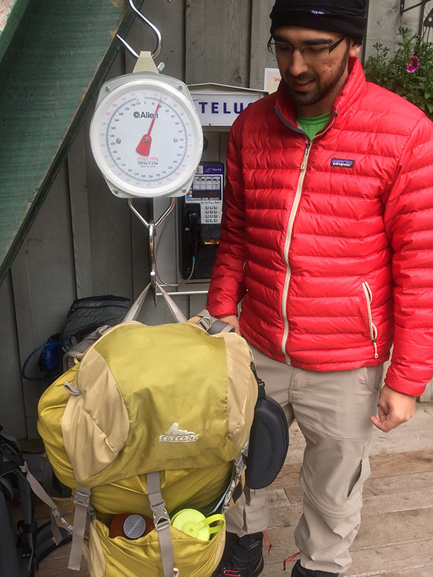 Weighing in before the hike.  Rob's pack was 36 LB and mine was 28 LB - including 2 liters of water each!